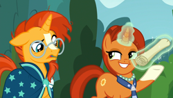 Size: 1920x1080 | Tagged: safe, screencap, character:stellar flare, character:sunburst, species:pony, species:unicorn, episode:the parent map, g4, discovery family logo, duo, female, magic, male, mare, mother and son, plan, raised eyebrow, scroll, sire's hollow, stallion, stellarsmug, telekinesis, that pony sure does love plans, walking
