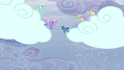 Size: 1280x720 | Tagged: safe, screencap, character:merry may, character:parasol, character:rainbowshine, species:pegasus, species:pony, episode:tanks for the memories, g4, my little pony: friendship is magic, background pony, cloud, cloudy, dewdrop, female, flying, i'll fly, male, mare, ocean rainbow, sky, snow, stallion