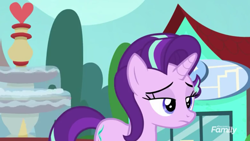 Size: 1170x658 | Tagged: safe, screencap, character:starlight glimmer, species:pony, species:unicorn, episode:the parent map, g4, cropped, discovery family logo, female, fountain, mare, sire's hollow, starlight is not amused, unamused