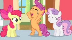 Size: 1280x720 | Tagged: safe, screencap, character:apple bloom, character:scootaloo, character:sweetie belle, species:pegasus, species:pony, episode:flight to the finish, g4, my little pony: friendship is magic, cutie mark crusaders
