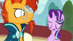 Size: 1280x720 | Tagged: safe, screencap, character:starlight glimmer, character:sunburst, episode:the parent map, g4, air quotes, animated, floppy ears, fountain, irritated, issues, shocked, sire's hollow, sound, webm