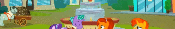 Size: 597x100 | Tagged: safe, screencap, character:cracked wheat, character:firelight, character:starlight glimmer, character:stellar flare, character:sunburst, episode:the parent map, g4, ancient pony grain bread, animated, bread, cart, food, fountain, funny background event, wheel