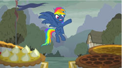 Size: 706x396 | Tagged: safe, screencap, character:evil pie hater dash, character:rainbow dash, species:pegasus, species:pony, episode:secrets and pies, g4, my little pony: friendship is magic, adorapiehater, angry, cart, cloud, cute, female, flag, flying, food, great moments in animation, house, madorable, mare, pie, ponyville, raised hoof, solo, tree