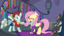 Size: 1280x720 | Tagged: safe, screencap, character:fluttershy, character:valley glamour, species:pegasus, species:pony, episode:fake it 'til you make it, alternate hairstyle, clothing, cute, dress, female, hat, hipstershy, mare, one eye closed, raccoon, rarity for you, shyabetes, smoky, smoky jr., softpad, wink