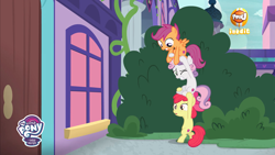 Size: 1920x1080 | Tagged: safe, screencap, character:apple bloom, character:scootaloo, character:sweetie belle, species:earth pony, species:pegasus, species:pony, species:unicorn, episode:marks for effort, g4, my little pony: friendship is magic, cutie mark crusaders, female, filly, french, my little pony logo, pony pile, tfou, tower of pony, trio