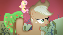 Size: 1280x720 | Tagged: safe, screencap, character:applejack, character:fluttershy, species:earth pony, species:pegasus, species:pony, episode:bats!, g4, my little pony: friendship is magic, apple, apple tree, bare tree, dead tree, duo, female, food, mare, red sky, stop the bats, tree