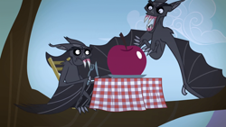 Size: 1280x720 | Tagged: safe, screencap, species:bat, episode:bats!, g4, my little pony: friendship is magic, apple, duo, fangs, food, fork, knife, open mouth, spread wings, stop the bats, table, tablecloth, tree, tree branch, vampire fruit bat, wing claws, wings