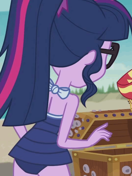 Size: 539x720 | Tagged: safe, screencap, character:sunset shimmer, character:twilight sparkle, character:twilight sparkle (scitwi), species:eqg human, episode:x marks the spot, g4, my little pony:equestria girls, animated, ass, bikini, clothing, cropped, female, solo, solo focus, swimsuit, twibutt