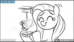 Size: 1920x1080 | Tagged: safe, screencap, character:fluttershy, species:pony, episode:non-compete clause, episode:teacher of the month, g4, my little pony: friendship is magic, animatic, eyes closed, female, grayscale, happy, mare, monochrome, smiling, solo, trophy
