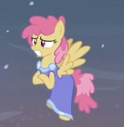 Size: 176x180 | Tagged: safe, screencap, character:dizzy twister, character:orange swirl, species:pegasus, species:pony, episode:hearth's warming eve, g4, my little pony: friendship is magic, background pony, clothing, cold, cropped, dress, female, flying, freezing, mare, pegasus tribe, picture for breezies, shivering, solo