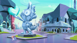 Size: 1280x720 | Tagged: safe, screencap, character:spike, species:crystal pony, species:pony, episode:the parent map, g4, background pony, city, crystal empire, crystal griffon, spike statue, statue, town square