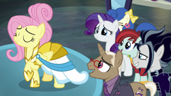 Size: 1280x720 | Tagged: safe, screencap, character:fluttershy, character:rarity, character:snow hope, character:valley glamour, species:earth pony, species:pegasus, species:pony, species:unicorn, episode:fake it 'til you make it, blueberry curls, bracer britches, bubblegum blossom, clothing, dress, female, male, mare, stallion, warrior of inner strength, warriorshy