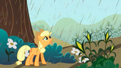 Size: 1440x808 | Tagged: safe, screencap, character:applejack, species:earth pony, species:pony, episode:the return of harmony, g4, my little pony: friendship is magic, chocolate, chocolate rain, corn, female, food, looking up, maize, mare, rain, solo