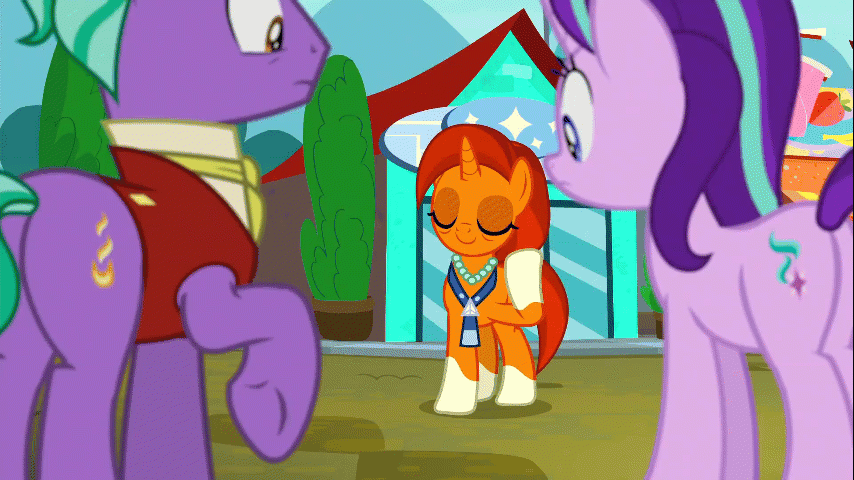 Size: 854x480 | Tagged: safe, screencap, character:firelight, character:starlight glimmer, character:stellar flare, character:sunburst, species:pony, species:unicorn, episode:the parent map, g4, animated, displeased, father and daughter, female, glowing horn, jewelry, male, mother and son, necklace, pearl necklace, raised hoof, reunion, scissors, sire's hollow