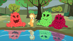 Size: 1440x811 | Tagged: safe, screencap, character:applejack, species:earth pony, species:pony, episode:the return of harmony, g4, my little pony: friendship is magic, apple, apple tree, female, food, hedge, keepers of the grove of truth, mare, pond, quartet, tree