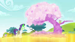 Size: 1280x720 | Tagged: safe, screencap, character:owlowiscious, character:rarity, character:spike, species:dragon, species:owl, species:pony, species:unicorn, episode:inspiration manifestation, g4, my little pony: friendship is magic, crystal, crystal flower, crystal tree, dark magic, female, glowing eyes, glowing horn, gold, golden road, grin, inspirarity, magic, male, mare, possessed, smiling, tree