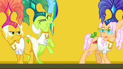 Size: 1920x1080 | Tagged: safe, screencap, character:apple rose, character:goldie delicious, character:granny smith, character:rainbow dash, species:earth pony, species:pony, episode:grannies gone wild, g4, my little pony: friendship is magic, biting, clothing, elderly, feather hat, female, mare, rearing, shirt, showgirl, t-shirt, tail, tail bite, tail pull