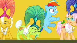 Size: 1920x1080 | Tagged: safe, screencap, character:apple rose, character:goldie delicious, character:granny smith, character:rainbow dash, species:earth pony, species:pegasus, species:pony, episode:grannies gone wild, g4, my little pony: friendship is magic, biting, clothing, elderly, feather hat, female, mare, shirt, showgirl, t-shirt, tail, tail bite, tail pull