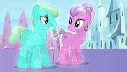 Size: 1266x720 | Tagged: safe, screencap, character:bright smile, character:paradise (g4), character:spike, species:crystal pony, species:pony, episode:equestria games, g4, my little pony: friendship is magic, background pony, confused, crystal empire, duo, female, looking at each other, male, mare, mouth hold, photo, stallion