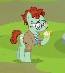 Size: 224x249 | Tagged: safe, screencap, species:earth pony, species:pony, episode:the parent map, g4, background pony, clothing, cropped, female, glasses, jacket, mare, necktie, pocket watch, solo, unnamed pony