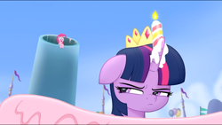 Size: 960x540 | Tagged: safe, screencap, character:pinkie pie, character:twilight sparkle, character:twilight sparkle (alicorn), species:alicorn, species:pony, my little pony: the movie (2017), annoyed, cropped, duo, looking sideways, narrowed eyes, twilight is not amused, unamused