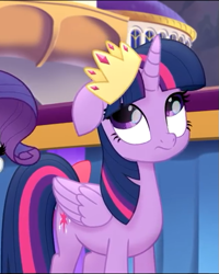 Size: 433x540 | Tagged: safe, screencap, character:rarity, character:twilight sparkle, character:twilight sparkle (alicorn), species:alicorn, species:pony, my little pony: the movie (2017), cropped, crown, female, jewelry, mare, offscreen character, regalia, solo
