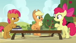 Size: 1920x1080 | Tagged: safe, screencap, character:apple bloom, character:applejack, character:babs seed, species:earth pony, species:pony, episode:apple family reunion, g4, my little pony: friendship is magic, animation error, apple, apple tree, derp, female, filly, food, mare, raise this barn, raised hoof, ribbon, singing, sweet apple acres, tree, trio, wood, woodworking, working, wrong eye color