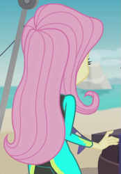 Size: 479x689 | Tagged: safe, screencap, character:fluttershy, episode:too hot to handle, g4, my little pony:equestria girls, butt, clothing, cropped, female, flutterbutt, rear view, solo, swimsuit, wetsuit