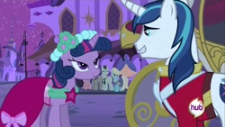 Size: 1920x1080 | Tagged: safe, screencap, character:caesar, character:eclair créme, character:royal ribbon, character:shining armor, character:twilight sparkle, episode:a canterlot wedding, g4, my little pony: friendship is magic, canterlot, carriage, clothing, looking at each other, love is in bloom, marriage, night, out of context, smiling, stars, wedding