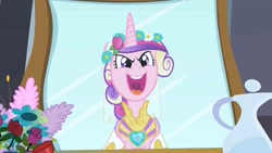 Size: 1280x720 | Tagged: safe, screencap, character:princess cadance, character:queen chrysalis, episode:a canterlot wedding, g4, my little pony: friendship is magic, fake cadance, flower, mirror, open mouth, reflection, singing, solo, this day aria