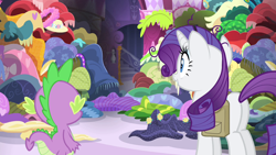 Size: 1280x720 | Tagged: safe, screencap, character:rarity, character:spike, species:dragon, species:pony, episode:inspiration manifestation, g4, my little pony: friendship is magic, carousel boutique, clothing, duo, female, male, mare, messy, plot, saddle bag