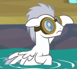 Size: 250x225 | Tagged: safe, screencap, species:pegasus, species:pony, episode:hurricane fluttershy, g4, my little pony: friendship is magic, background pony, cropped, goggles, great scott (character), male, recolor, solo focus, stallion, water