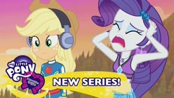 Size: 1280x720 | Tagged: safe, screencap, character:applejack, character:rarity, episode:lost and found, g4, my little pony:equestria girls, armpits, beach, clothing, ear piercing, earring, equestria girls logo, eyes closed, frustrated, geode of super strength, hat, jewelry, marshmelodrama, piercing, rarity being rarity, shorts, youtube thumbnail