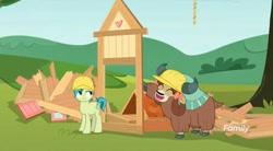 Size: 1658x915 | Tagged: safe, screencap, character:sandbar, character:yona, species:earth pony, species:pony, species:yak, episode:non-compete clause, g4, my little pony: friendship is magic, apple shed, discovery family logo, duo, female, hard hat, hat, male, property damage, teenager, wood