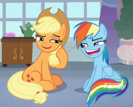 Size: 561x451 | Tagged: safe, screencap, character:applejack, character:rainbow dash, species:earth pony, species:pegasus, species:pony, episode:non-compete clause, g4, my little pony: friendship is magic, animated, applejack's hat, clothing, cowboy hat, cropped, duo, faec, female, gif, happy, hat, laughing, laughingmares.jpg, loop, mare, reaction image
