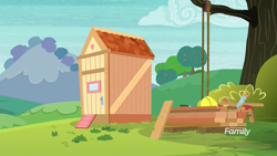 Size: 1920x1080 | Tagged: safe, screencap, episode:non-compete clause, g4, my little pony: friendship is magic, apple shed, board, discovery family logo, hard hat, hat, no pony, pulley, rope, saw, shed, sweet apple acres, tree, wood