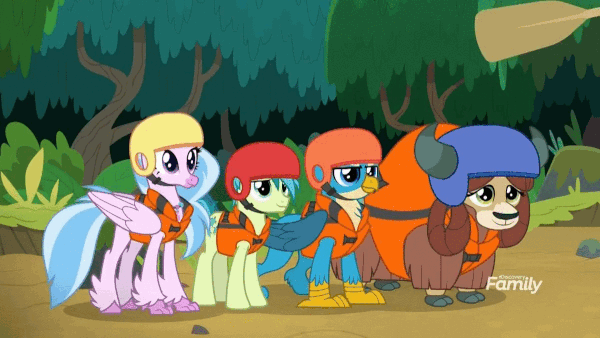 Size: 600x338 | Tagged: safe, screencap, character:gallus, character:sandbar, character:silverstream, character:yona, species:griffon, species:hippogriff, species:pony, species:yak, episode:non-compete clause, g4, my little pony: friendship is magic, animated, behaving like a dog, catching, cute, dexterous hooves, diastreamies, gallabetes, gif, helmet, lifejacket, magnetic hooves, mouth hold, paddle, sandabetes, yonadorable