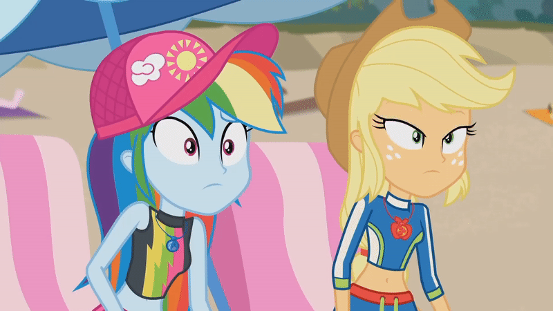 Size: 800x450 | Tagged: safe, screencap, character:applejack, character:rainbow dash, episode:lost and found, g4, my little pony:equestria girls, animated, duo, reversed