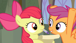 Size: 1920x1080 | Tagged: safe, screencap, character:apple bloom, character:scootaloo, species:pegasus, species:pony, episode:surf and/or turf, g4, my little pony: friendship is magic, crayon, cute, duo, excited, female, filly, looking at each other, mouth hold, paper