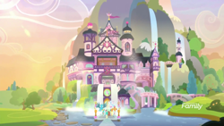 Size: 1600x900 | Tagged: safe, screencap, character:gallus, character:ocellus, character:sandbar, character:silverstream, character:smolder, character:yona, species:pony, episode:non-compete clause, g4, my little pony: friendship is magic, afternoon, architecture, building, discovery family logo, scenery, scenery porn, school of friendship, student six, waterfall