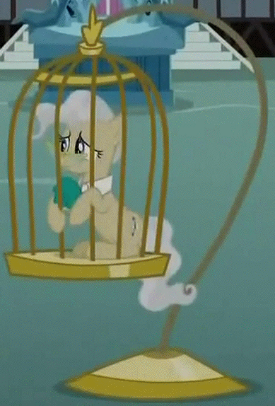 Size: 389x574 | Tagged: safe, screencap, character:mayor mare, species:earth pony, species:pony, episode:magic duel, g4, my little pony: friendship is magic, animated, birdcage, cage, cute, female, frown, mare, mayorable, sad, sadorable, scared, sitting, solo