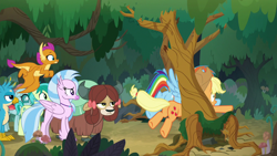 Size: 1280x720 | Tagged: safe, screencap, character:applejack, character:gallus, character:ocellus, character:rainbow dash, character:sandbar, character:silverstream, character:smolder, character:yona, species:pony, episode:non-compete clause, g4, my little pony: friendship is magic, buttstuck, plot, silly, silly pony, so ridiculous it's funny, stuck, student six