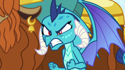 Size: 1280x720 | Tagged: safe, screencap, character:prince rutherford, character:princess ember, species:dragon, species:yak, episode:school daze, g4, my little pony: friendship is magic, angry, clenched fist, dragoness, ear piercing, ember is not amused, female, furious, gritted teeth, growling, horns, i'll show you unpredictable, offended, slit eyes, spread wings, wings