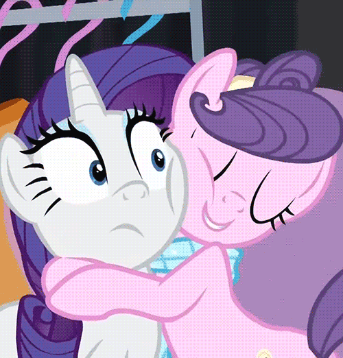 Size: 500x522 | Tagged: safe, screencap, character:rarity, character:suri polomare, species:earth pony, species:pony, species:unicorn, episode:rarity takes manehattan, g4, my little pony: friendship is magic, animated, clothing, cropped, cute, gif, hape, hug, personal space invasion, scarf, smiling, squishy cheeks, suribetes, uncomfortable