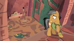 Size: 1280x720 | Tagged: safe, screencap, character:quibble pants, species:earth pony, species:pony, episode:stranger than fanfiction, cipactli, clothing, crocodile, looking down, male, mud, raised hoof, stallion, swimming