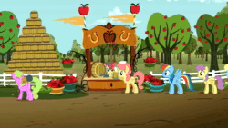 Size: 1280x720 | Tagged: safe, screencap, character:apple bloom, character:applejack, character:daisy, character:gala appleby, character:granny smith, character:parasol, character:rainbow dash, episode:the super speedy cider squeezy 6000, g4, my little pony: friendship is magic, animated, apple, apple family member, apple tree, barrel, cider, food, i didn't learn anything, mug, sound, tankard, tree, webm