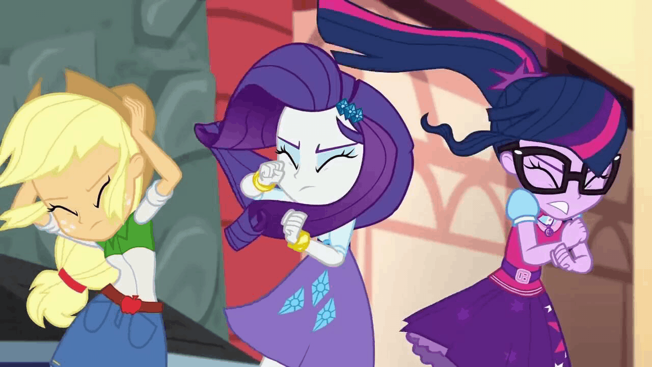 Size: 1280x720 | Tagged: safe, screencap, character:applejack, character:rarity, character:twilight sparkle, character:twilight sparkle (scitwi), species:eqg human, equestria girls:movie magic, g4, my little pony:equestria girls, animated, apple, belt, bracelet, clothing, cowboy hat, denim skirt, eyes closed, female, food, freckles, geode of telekinesis, gif, glasses, gritted teeth, hat, jewelry, magical geodes, ponytail, skirt, skirt lift, stetson, trio, trio female