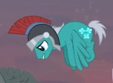 Size: 161x118 | Tagged: safe, screencap, species:pegasus, species:pony, episode:hearth's warming eve, g4, my little pony: friendship is magic, background pony, buddy, cropped, flying, helmet, male, pegasus tribe, solo, stallion