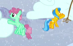 Size: 249x159 | Tagged: safe, screencap, species:pegasus, species:pony, episode:tanks for the memories, g4, my little pony: friendship is magic, background pony, cloud, cropped, duo, female, flying, mare, overcast, sky sweeper, snow, wintermint