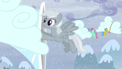 Size: 1280x720 | Tagged: safe, screencap, character:silverspeed, species:pegasus, species:pony, episode:tanks for the memories, g4, my little pony: friendship is magic, background pony, cloud, cloud moving, female, flying, mare, overcast, snow, solo focus